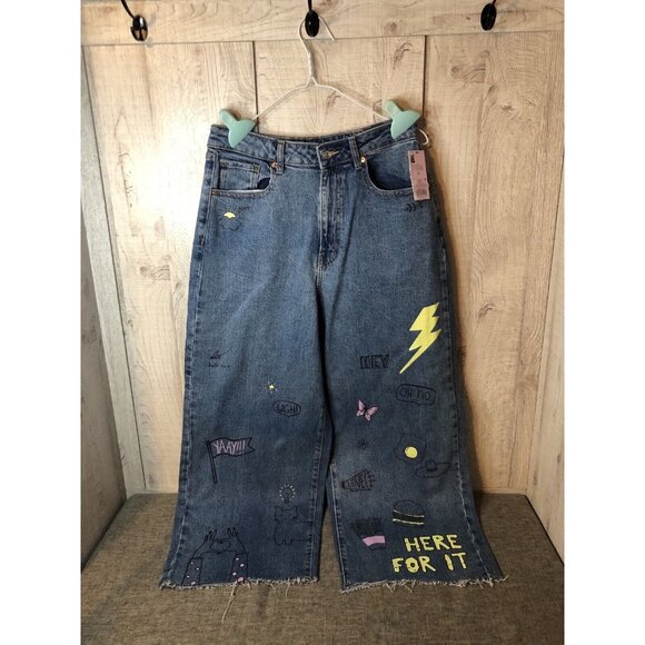 wild fable Denim - Womens Wild Fable Highest Rise Wide Leg Ankle Graffiti Denim Blue Jeans Size 8